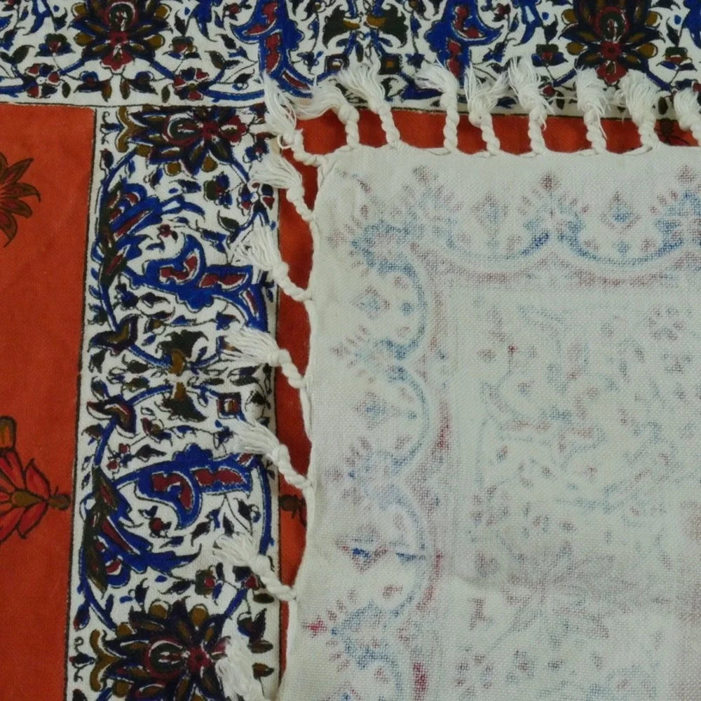 Vintage Hand Block Print Cotton Tablecloth Orange Paisley Fringe Boho 37